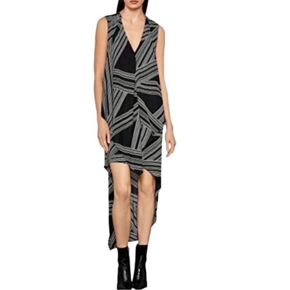 BCBGMAXAZRIA Sleeveless Cascade-Ruffle High-Low Dress Black White Optic XS